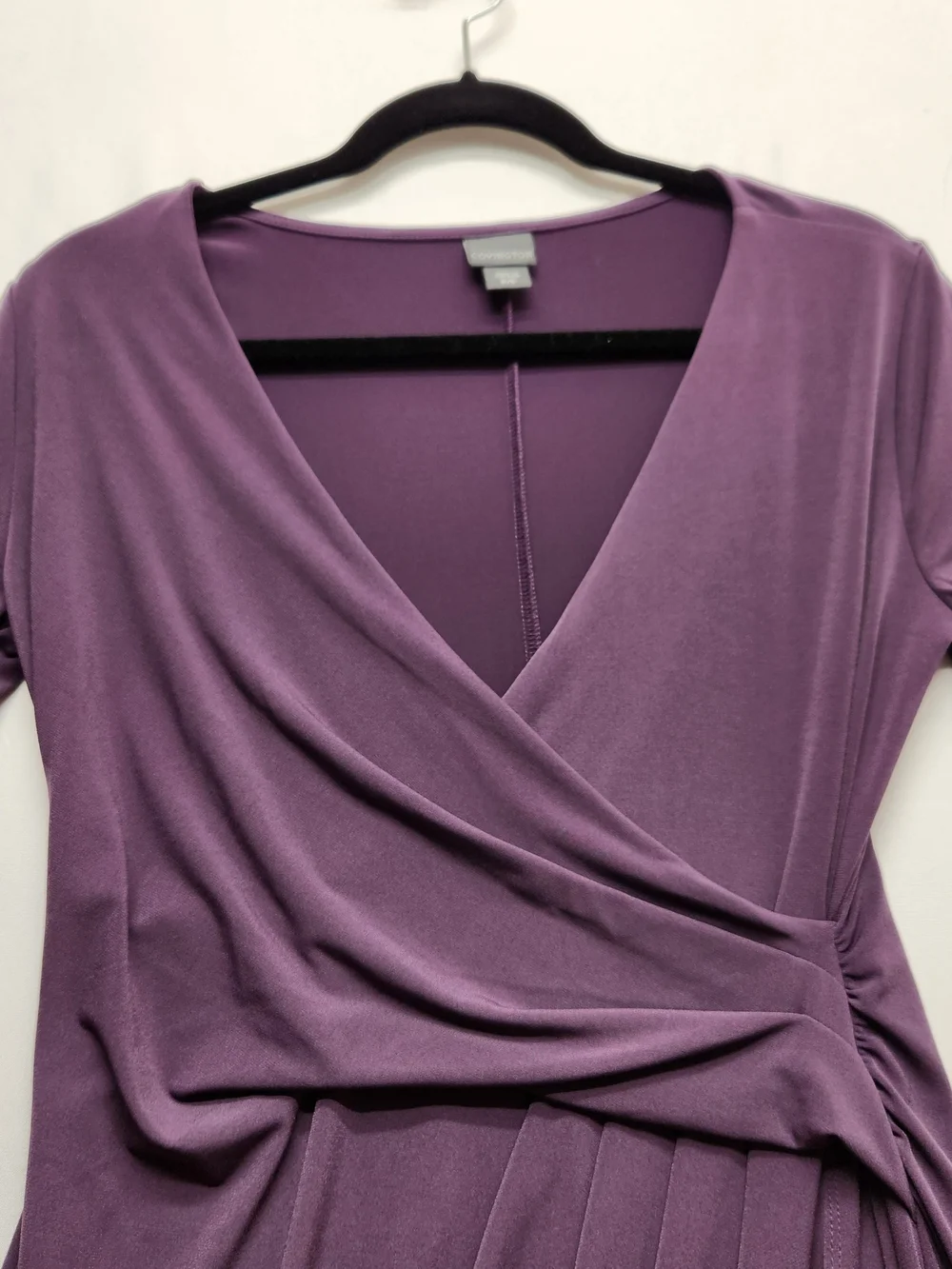 ⭐️Covington Plum Purple Faux Wrap Dress Small S Ruched V-Neck Midi Knit Body Con